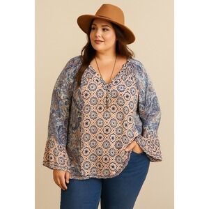 Siren Lily Womens Blouse 2X Floral Sheer Blouse Blue Pink Flare Tab Sleeves Boho